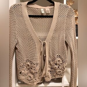 Sahalie Tan Open-Knit Crochet Cardigan with Floral Accents
